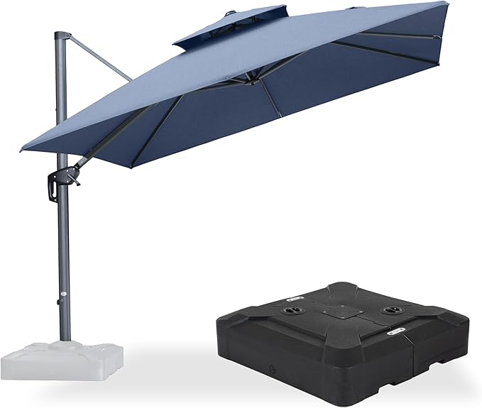 PURPLE LEAF Cantilever Umbrella with Base Included 10FT Outdoor Double Top Large Offset Hanging 360° Rotation Heavy Duty Square Umbrella for Garden Patio Deck Pool Backyard Spectrum Denim