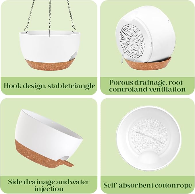 10 Inch Hanging Planters with Chains 2 Pack Self Watering White Brown Plastic Hanging Pots for Indoor Outdoor Plants, Garden Porch Home Decor (White Brown)