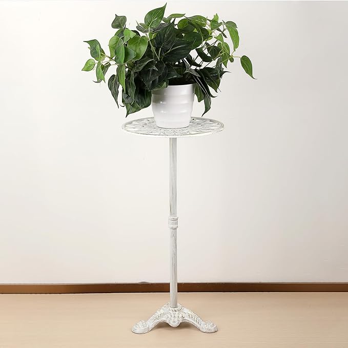 OwnMy Cast Iron Tall Plant Stand Heavy Duty Flower Pot Holder, Decorative Pedestal Potted Plant Rack, Indoor Outdoor Wrought Iron Large Single Plant Stand for Patio Garden Home, Antique White
