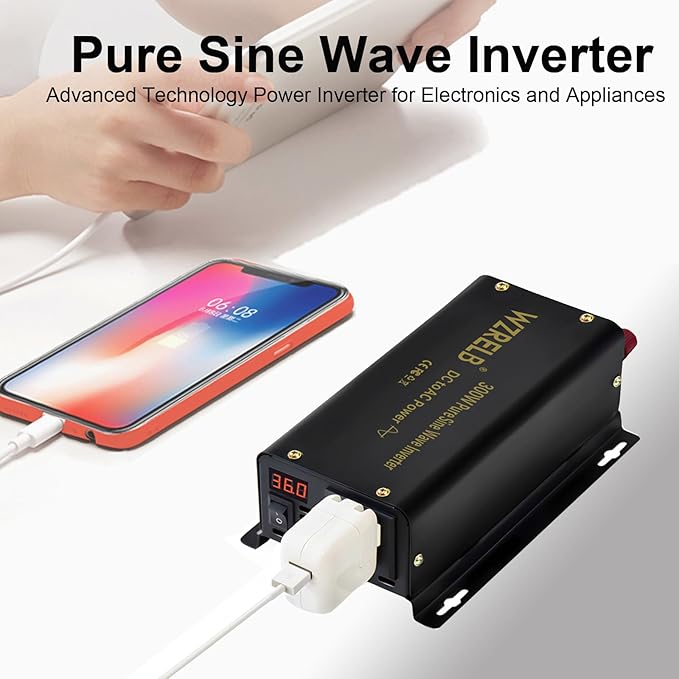 WZRELB 300W Pure Sine Wave Power Inverter 600W Peak DC 36V to 110V AC Car Adapter Off Grid with LED Display