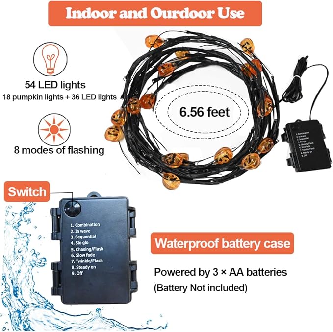 Halloween Decor Lights 6.5 Ft 54 LED Willow Vine Twig with Timer Battery Operated Garland Light 18 LED Pumpkins and 36 Orange Lights Halloween Party Scary Decoration for Home Wall Fireplace