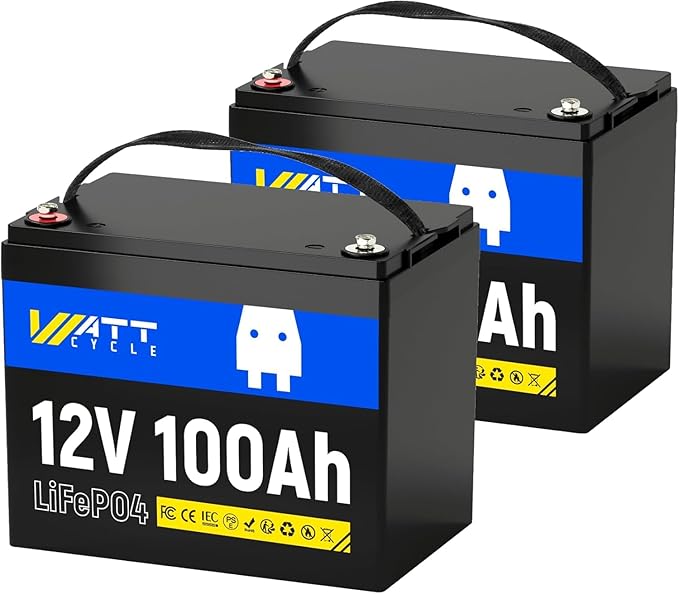 WattCycle 12V 100Ah LiFePO4 Lithium Battery 2 Pack - BCI Group 24, 15000 Cycles, Built-in 100A BMS, Low-Temperature Protection - Ideal for RVs, Golf Cart, Home Energy Storage, Marine (2 Pack)