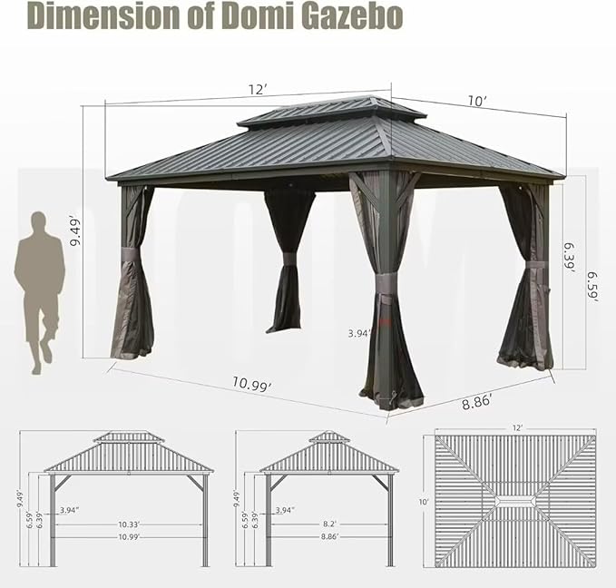 Domi 10’ X 12’ Hardtop Gazebo Canopy with Netting & Curtains, Outdoor Aluminum Gazebo with Galvanized Steel Double Roof for Patio Lawn and Garden, Gray