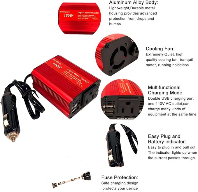 150W red car Power Inverter Converter Plug Adapter 12V to 110V 3.1A Dual USB Outlet for Travel Camping Outdoor All Smartphones Road Trips with Fast Charging