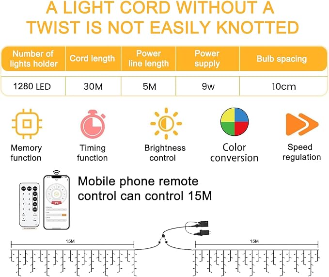 98ft Christmas Lights Outdoor, 1280 LED Waterproof 8 Modes String Light with App and Remote Control for Outside House Roof Decorations Indoor Decor-Multicolor