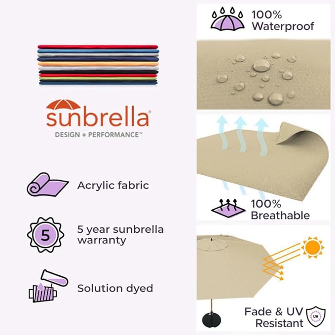 Midtown Umbrellas Sunbrella Umbrella Outdoor Patio Umbrella 2-9 Feet in Heather Tan Acrylic Fabric, Auto-Tilt Aluminum Frame For Backyard Umbrella, Deck Umbrella & Porch Umbrella - Wooden Pole