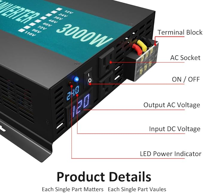 WZRELB 3000watt Pure Sine Wave Inverter 24V DC to 120V AC 60HZ with LED Display Car Inverter Generator (RBP300024B1)