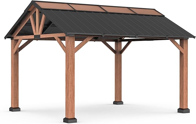 Macrout 11'x13' Hardtop Gazebo with Gabel Roof Canopy and Aluminium Frame, Outdoor Grill Gazebo Pergola for Patio, Backyard and Party, 4944 (Gable Roof + Brown Frame, 11'x13')