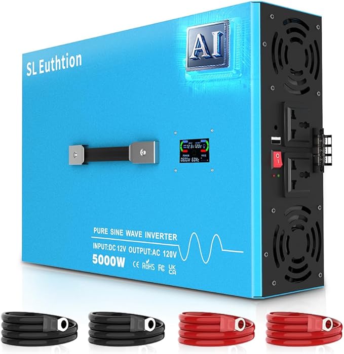 5000W Pure Sine Wave Power Inverter Voice Control AI Voice Assistant Support English 12V to 120V 60HZ with LCD Display, USB Port, for Car Home Laptop Truck