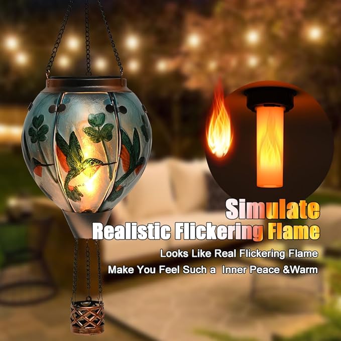 Hot Air Balloon Solar Lantern - Hummingbird Glass Lantern, Simulated Flickering & Dancing Flame, Outdoor Hanging Shamrock Yard Light Waterproof IP65 for Patio Lawn Porch Decor Irish Gift