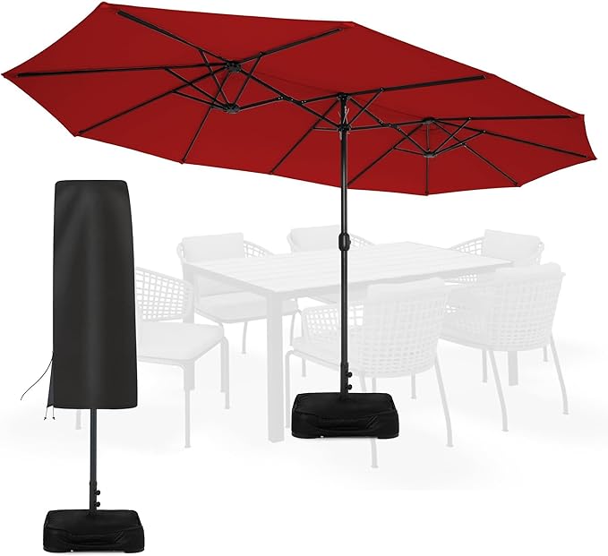 Sundale Outdoor Olefin 5-Year-Non-Fading 15 ft Patio Umbrella with Sand Bag Base and Cover, Large Outdoor Double-Sided Umbrella
