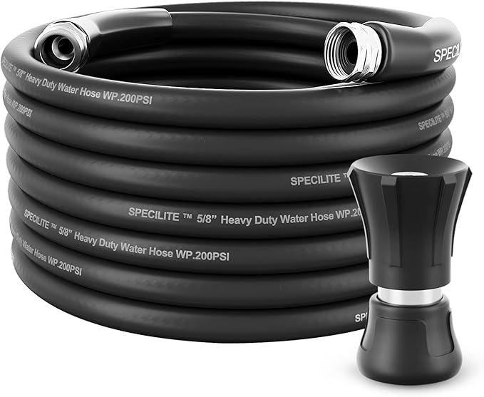 SPECILITE 5/8" Hot/Cold Water Hose 50 ft with High Flow Nozzle,Heavy Duty Flexible Rubber Garden Hose -50℉ to 158℉ With 3/4" Stainless Steel Fittings for Yard, Outdoor, Farm, Lightweight, Black
