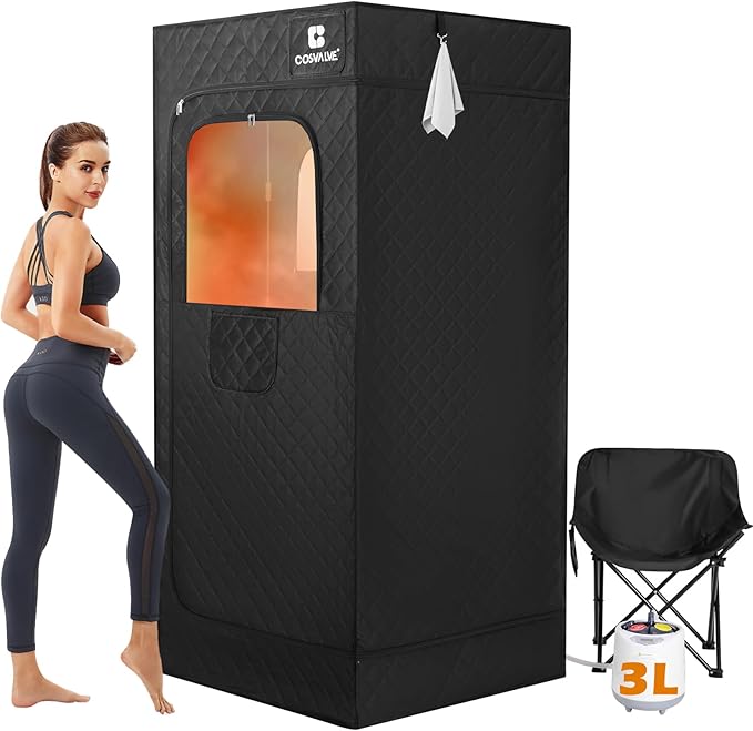 COSVALVE Portable Steam Sauna Box with Red Light for Home with 1200W 3L Steamer, Comfort Folding Chair, Indoor at Home Sauna Tent, Personal Steam Room for Relaxation, 2.6' x 2.6' x 5.9', Black