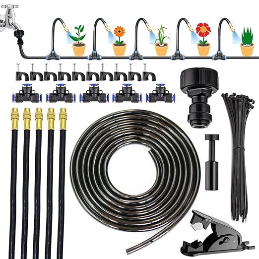 360° Automatic Drip Irrigation Kit - 5/16'' Tubing, Adjustable Spray Nozzle, Copper Atomizing System for Garden/Lawn/Greenhouse, Multi-Directional Rotation, Quick Connectors, 16.4FT
