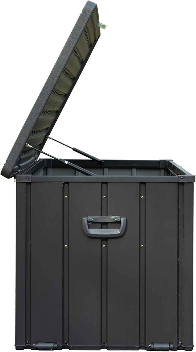 LANTRO JS Deck Box 100 Gallon, Patio Storage Cabinet, Waterproof Outdoor Storage, Resin Lid Metal Patio Storage Bin with Lockable, Dark Gray