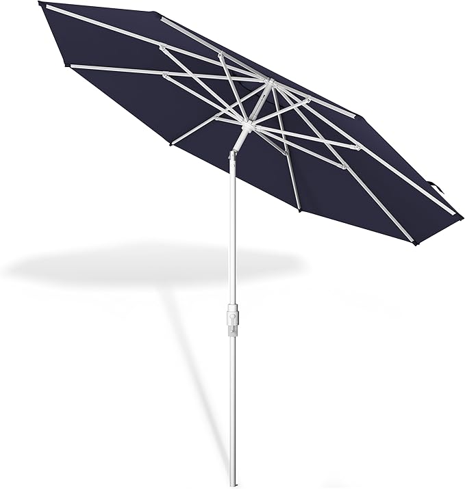 Midtown Umbrellas The Swilt 9 Feet Patio Umbrella in Terylast Navy (Navy Blue) Polyester Fabric - Fiberglass Ribs, Auto-Tilt Aluminum Frame For Backyard, Deck, Garden, Pool - White Pole