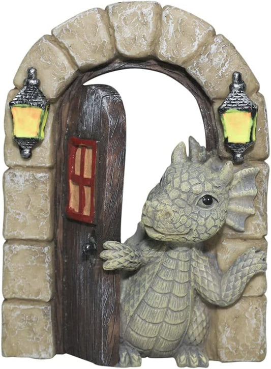 Dragon Garden Ornament Resin Craft Ornament Statue Fairy Door Yard Art Outdoor and Garden Solar Light Luminous Sand Open Door Dragon Wall Statue Outdoors Decor (Open The Door)