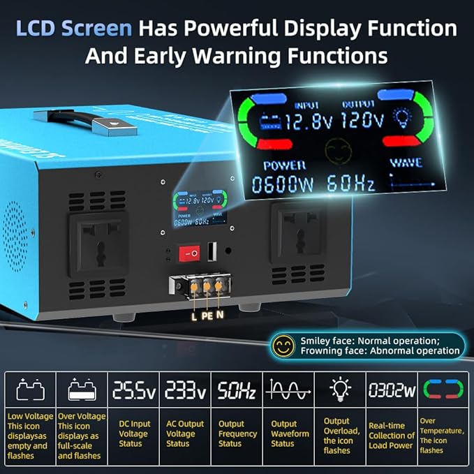 4000W Pure Sine Wave Power Inverter Voice Control AI Voice Assistant Support English 12V to 120V 60HZ with LCD Display, USB Port, for Car Home Laptop Truck
