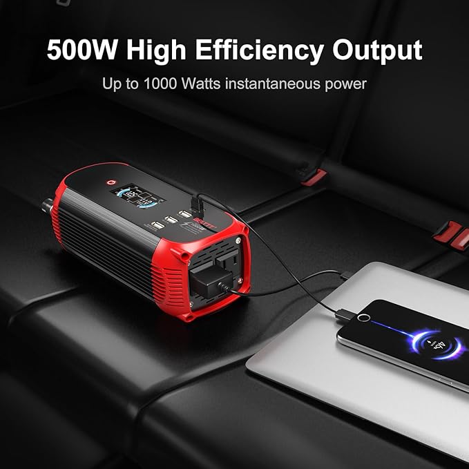 BELTTT 500W Car Power Inverter, DC 12V to 110V AC Power inverters for Vehicles with 2 AC Outlets, 4 USB Ports and LCD Digital Display, Car Plug Adapter Outlet Converter