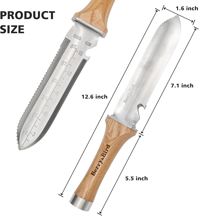 Berry&Bird Hori Hori Garden Knife, Multipurpose Gardening Knife with 7" Stainless Steel Double Edge Sharp Blade, Soil Knife with Leather Sheath, Full-Tang Gardening Tools for Gardening Weeding Digging