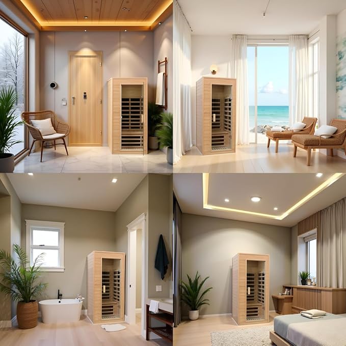 1 Person Infrared Sauna, Low EMF FAR Infrared Saunas for Home, 1200 watt Canadian Hemlock Indoor Sauna Room with LED Reading Lamp, LCD Display Control, Blue-Tooth Audio