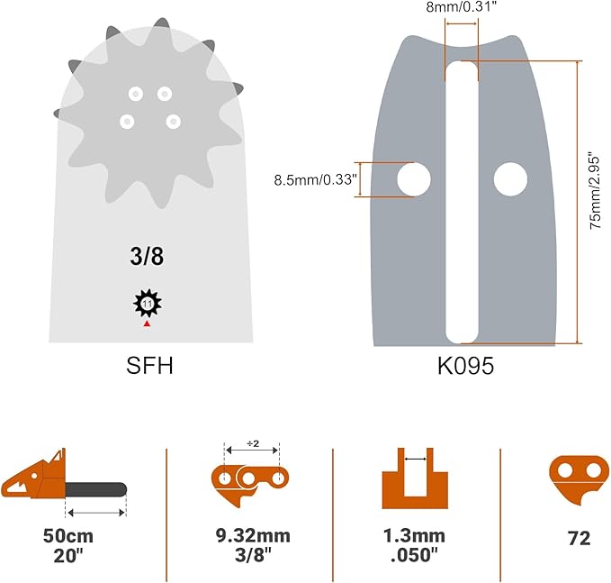 Savior 20 Inch Chainsaw Bar and Chain Combo, 3/8" Pitch .050" Gauge 72 Drive Links for 455 Rancher 460 Rancher Poulan PP5020AV PR5020, Replace for 200SFHK095, 584818, 584271