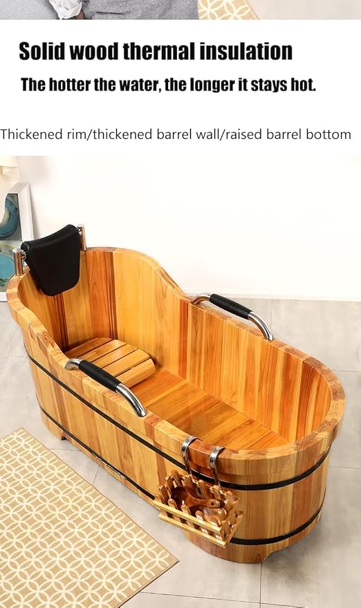 Wooden Hot Tub Bathroom Freestanding Soaking Non-Slip Bathtub Thickened Handrail Style Healthy Medicinal Bathtub For Both Adult And Child Family Members (Deluxe configuration with lid fumigation)