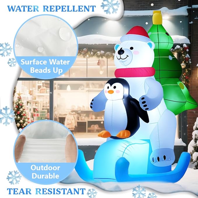 GARIG 7FT Christmas Inflatables White Bear Skiing with Penguin Outdoor Decorations, Christmas Blow Up Yard Decorations with Built-in LEDs for Xmax Outdoor Party, Yard, Garden