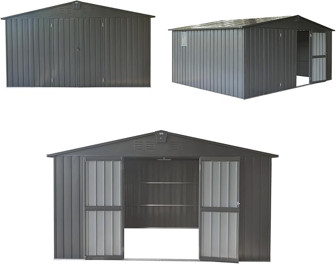 Backyard Storage Shed 11x9ft with Windows, Dark Gray Galvanized Steel Garden Shed - 630 Cu.Ft Outdoor Utility Shed, Lockable Double Doors & Sloped Roof for Patio