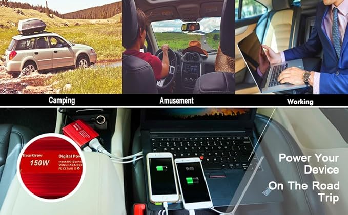 150W red car Power Inverter Converter Plug Adapter 12V to 110V 3.1A Dual USB Outlet for Travel Camping Outdoor All Smartphones Road Trips with Fast Charging