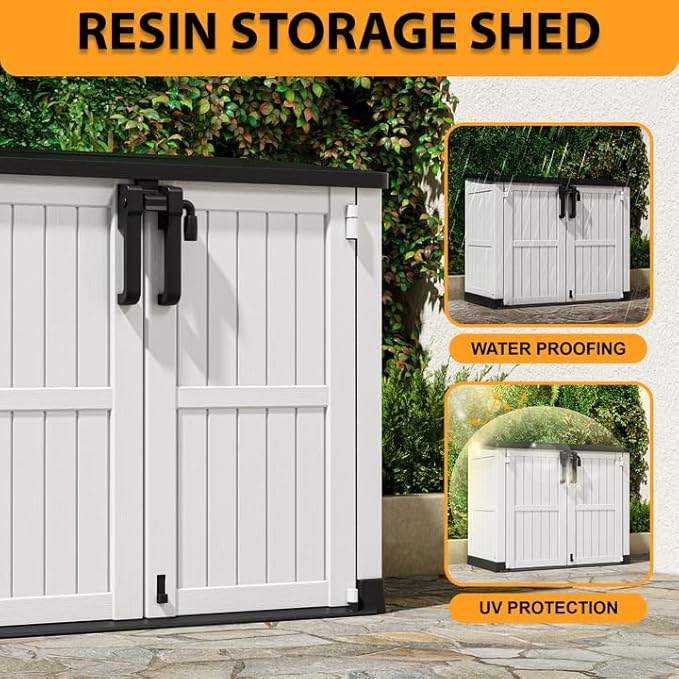 LHBcraft Outdoor Storage Cabinet 36 Cu Ft with Lockable Doors, Portable Horizontal Resin Storage Shed - Easy to Assemble, Waterproof Small Storage Shed with Floor