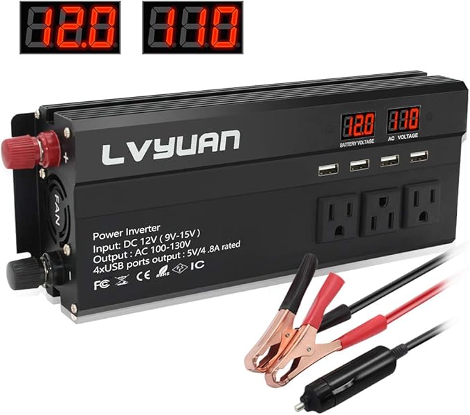Yinleader Power Inverter 1000Watts Inverter 12V DC to 110V AC Car Converter w/Display 4 AC Outlets 4 USB Port and Cigarette Lighter for Vehicles Laptop Emergency,conversor 12v a 110 carro Inversor