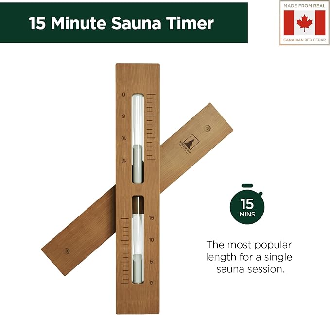Sauna Sand Timer - Handmade from Canadian Red Cedar Wood - Wall-Mounted Rotating 15-Minute Hourglass with White Sand