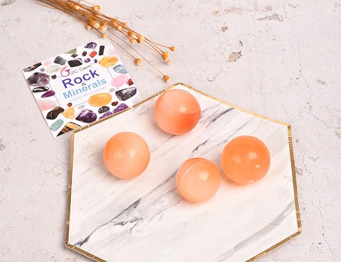 JIC Gem 4Pcs Orange Selenite Balls 1.4-1.7 Inch Small Natural Selenite Crystal Spheres