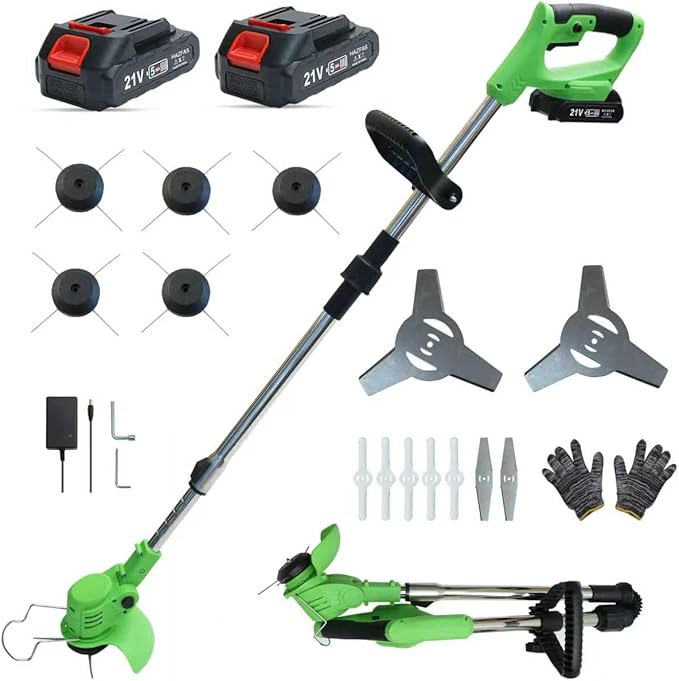 Cordless String Trimmer, Weed Wacker, Nylon Trimmer Head as Its Core Cutting Accessory, Telescopic Shaft and Foldable, 2 x Batteries, String Trimmer Cordless for Lawn, Garden and Yard, Green