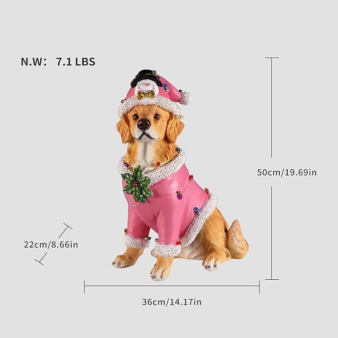 Christmas Outdoor Decoration Dog Statue, LED Light Cute Golden Retriever Dog Sculpture with Pink Santa Outfit & Lights for Garden and Yard, Indoor Holiday Décor Gift for mom and dad
