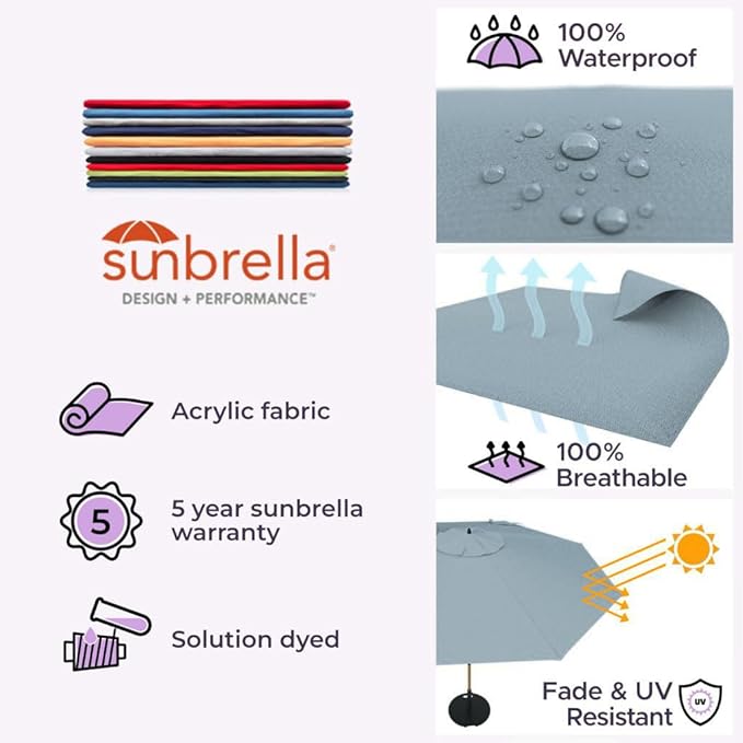 Midtown Umbrellas The Wooden 8 Feet Patio Umbrella With Sunbrella Canvas Haze Acrylic Fabric - Aluminum Frame Market Umbrella For Backyard, Deck, Garden, Pool - Wooden Pole