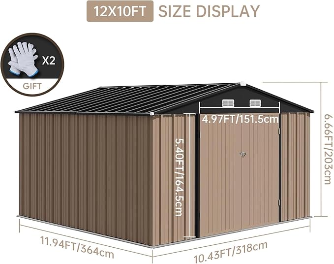 12X10FT Metal Outdoor Storage Shed - Galvanized Steel Waterproof Garden Shed with Lockable Doors & Vents, All-Weather Utility Tool Shed for Lawn Mower, Bike