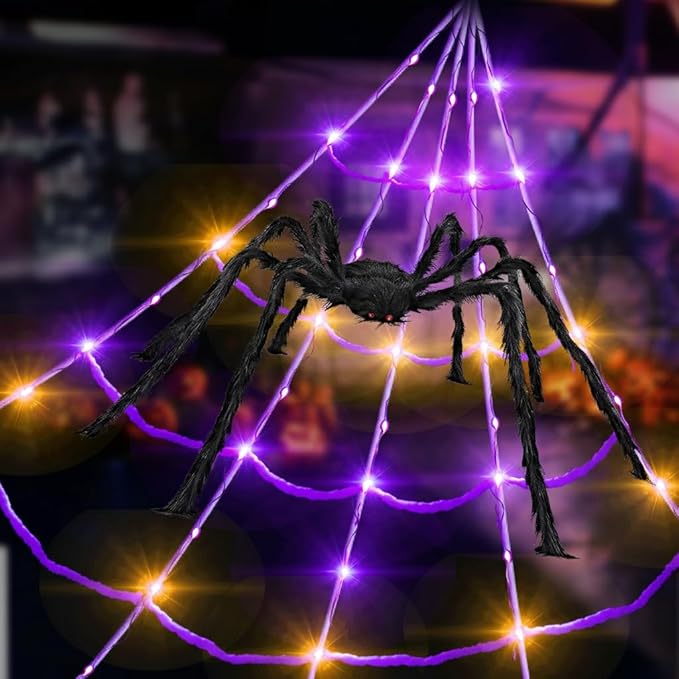 HBSTK 8 Modes 20 * 17FT Halloween Light Up Spider Web 250 Led Purple & Orange Lights Operated with 6.5Ft Giant Spider 200sqft Cobweb 20 Small Spiders for Indoor and Outdoor Decor Yard Decoration