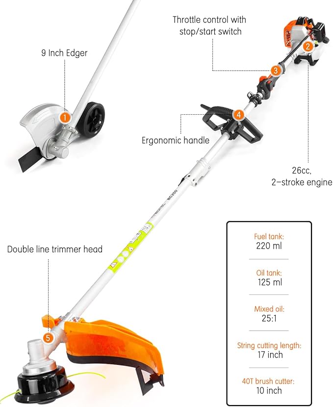 NEO-TEC 26cc 3 in 1 Weed Eater/Wacker Gas Powered 17" Gas String Trimmer Edger Brush Cutter Light Weight 2-Cycle Gas Trimmer Yard Care Tools Rubber Handle & Shoulder Strap Included