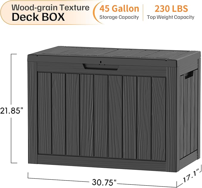 45 Gallon Deck Box, Small Outdoor Storage Box Waterproof, UV-Resistant and Weatherproof Outside Resin Storage Bin for Outdoor Patio Furniture Pillows, Pool Supplies, Garden Tools, Black