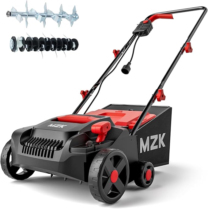 MZK 13-inch 13-Amp 2-in-1 Electric Dethatcher and Scarifier w/Removeable 4-Position Height Adjustment,Lawn dethatcher w/8-Gallon Thatch Collection Bag,Keep Lawn Health (DS13A04)