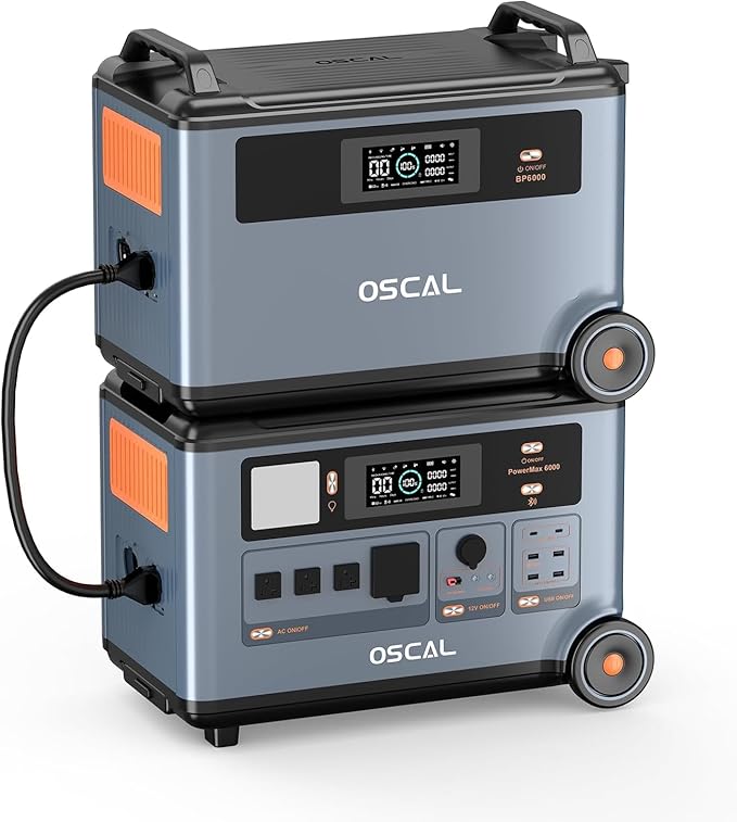 OSCAL 6000W/7200Wh Power Station with Dedicated Expansion Battery, Expand Capacity from 3600Wh to 7200Wh, Solar Generator for Home Backup, Emergency