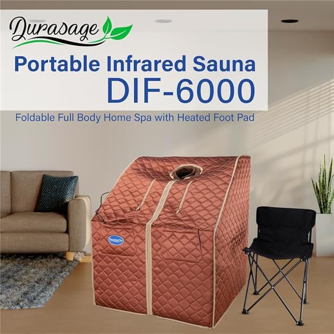 Durasage Personal Ultra Low Emf Portable Infrared Sauna Spa for Relaxation at Home, 30 Minute Timer, with Handheld Remote Control, Heated Footpad and Chair (Copper, DIF-6000)