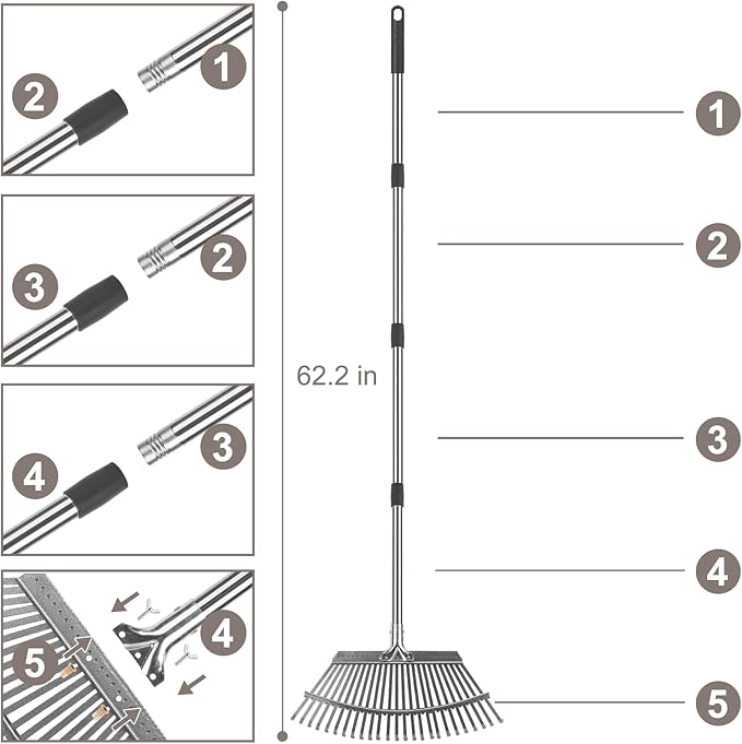 KeFanta Garden Leaf Rakes, Rake for Leaves Heavy Duty 25 Metal Tines 18.5" Wide, 62" Adjustable Long Handle Rakes for Lawns Yard Grass Flower Beds