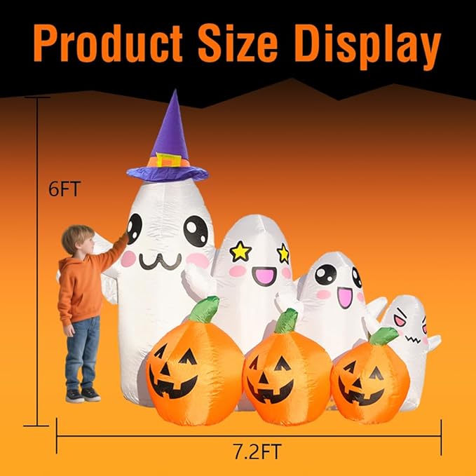 GARIG 7.2FT Halloween Inflatables Outdoor Decorations Ghost and Pumpkin Build-in LEDs Lights Blow Up Yard Decorations for Garden Lawn Indoor Party Holiday Decor