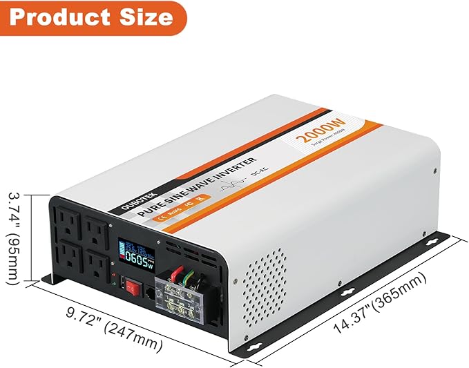 2000W Pure Sine Wave Inverter 24V DC to 120V AC Converter for Truck Boat Camping Outdoor Solar System, 2000 Watt Power Inverter with LCD Display, Remote Controller, USB Port, 4 AC Outlets