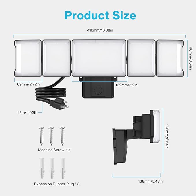 Olafus 130W Flood Lights Outdoor Plug in, 13000LM LED Security Light, 6500K Exterior Flood Lights with 5 Adjustable Heads, IP65 Waterproof Outdoor LED Safety lamp for Backyard Garage Patio Black
