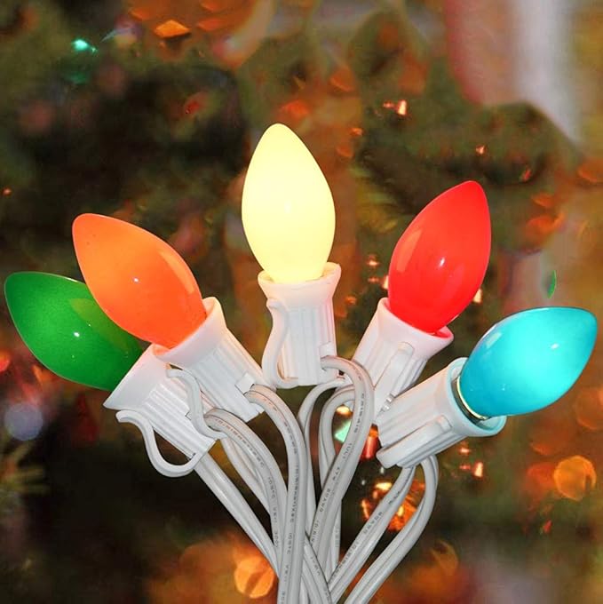 C7 Christmas Lights Outdoor, 25Ft Vintage Christmas String Lights with 27 Multicolor Ceramic Bulbs, Hanging Christmas Decorations Lights for Roofline House Garden Patio Backyard Party-White