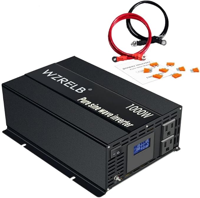 WZRELB Pure Sine Wave Inverter 1000W 12VDC to 120VAC Solar Power Converter Truck RV Home LCD Display